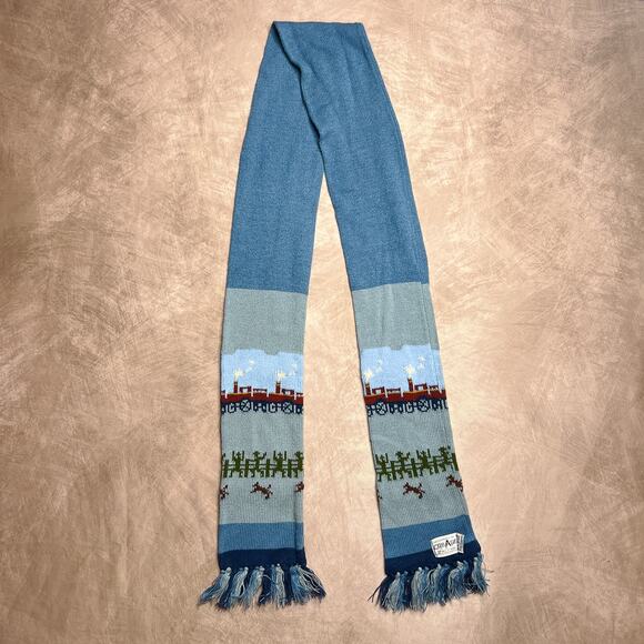 Vintage 80s Made Expressly for Collage Railroad Cowboy Scarf Knit Blue Wild West - Picture 5 of 6